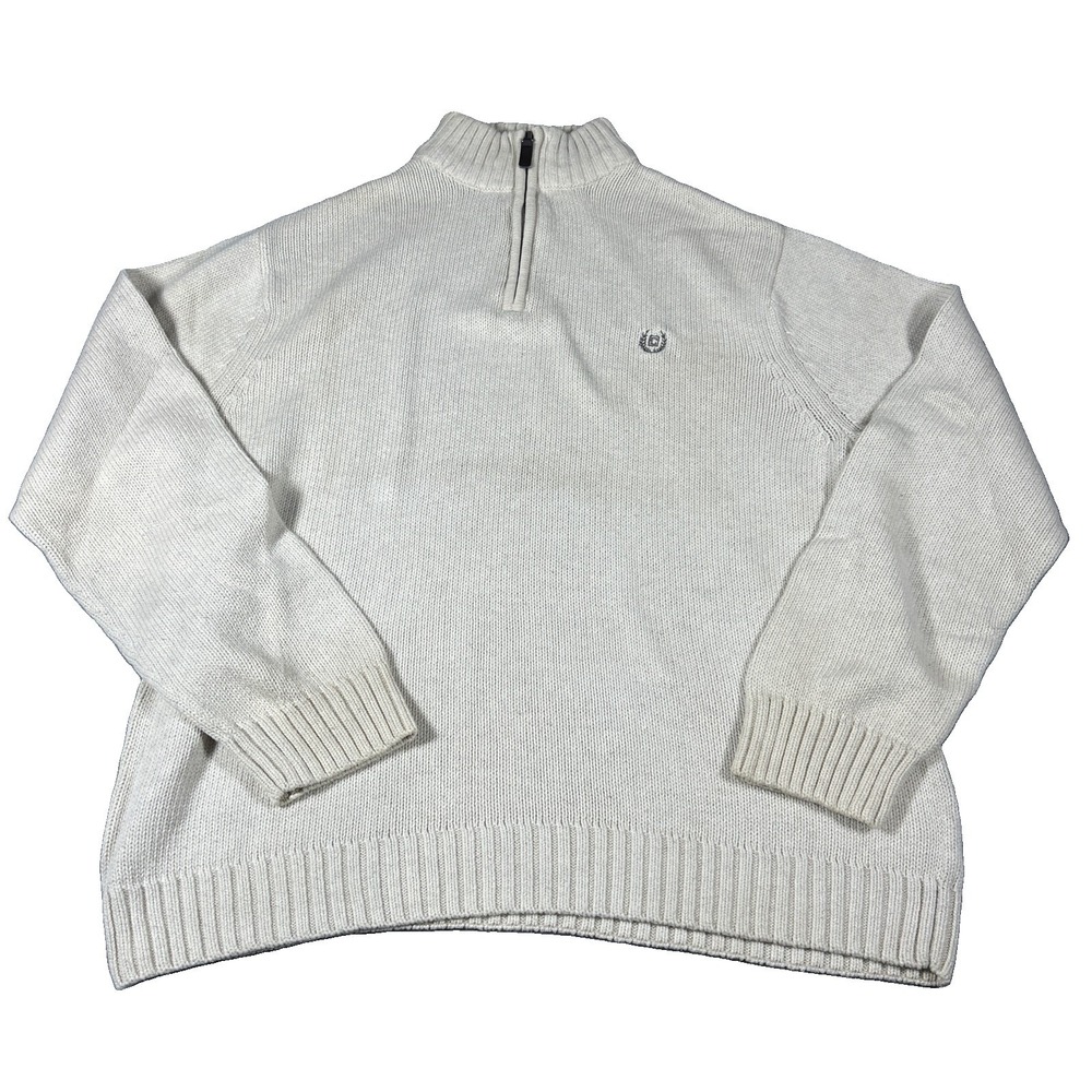 Chaps Mens XL Quarter Zip Sweater Cream Cotton Knit Mock Neck Pullover 1979